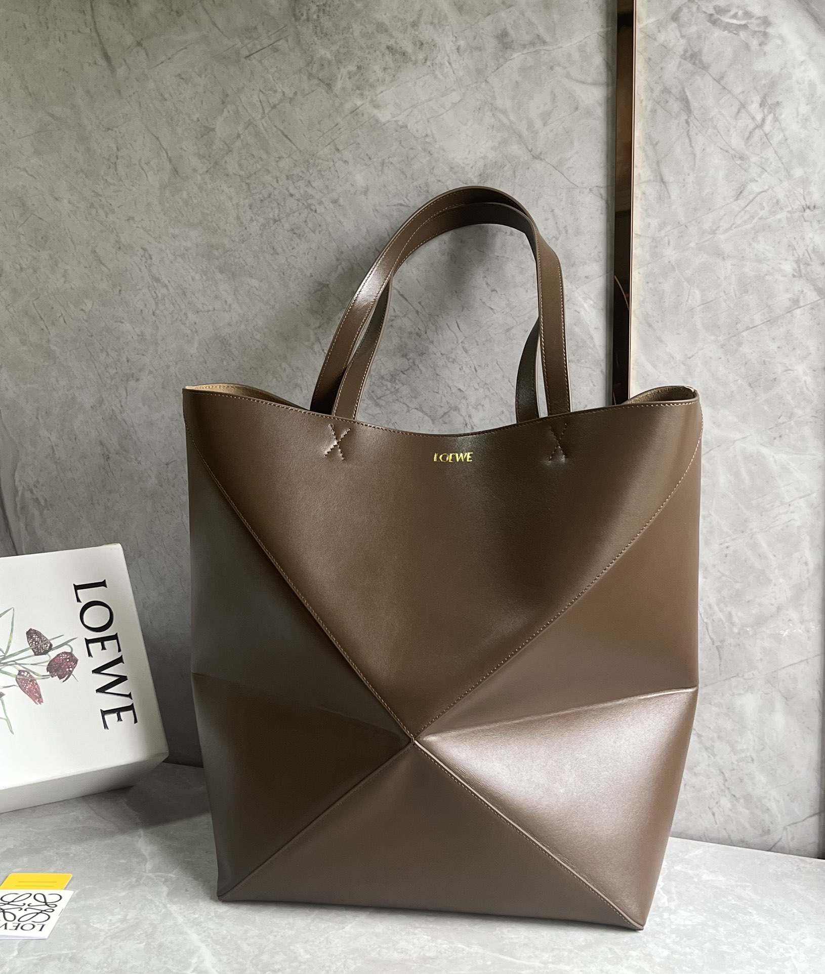 Loewe XL Puzzle Fold Tote in Shiny Calfskin Khaki